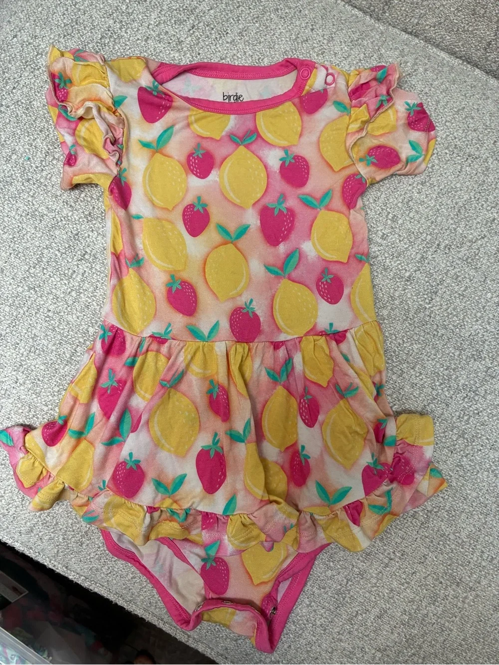 Birdie Pink & Yellow Lemon Strawberry Ruffle One-Piece Bodysuit
